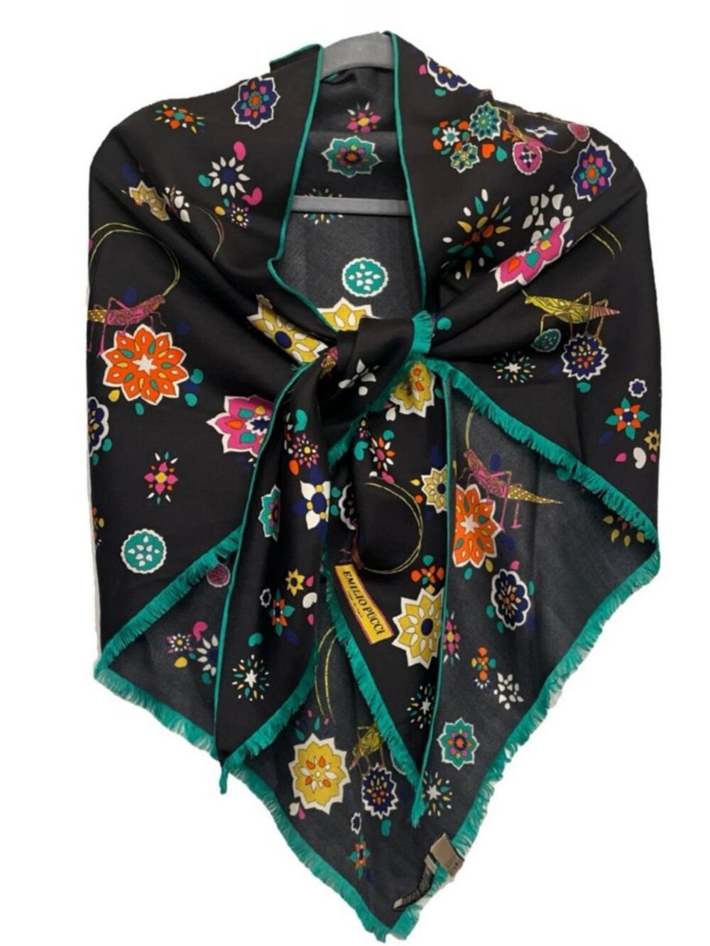 RARE Pucci Silk Shawl Wrap Fringe Whimsical Insects Nature Floral Print